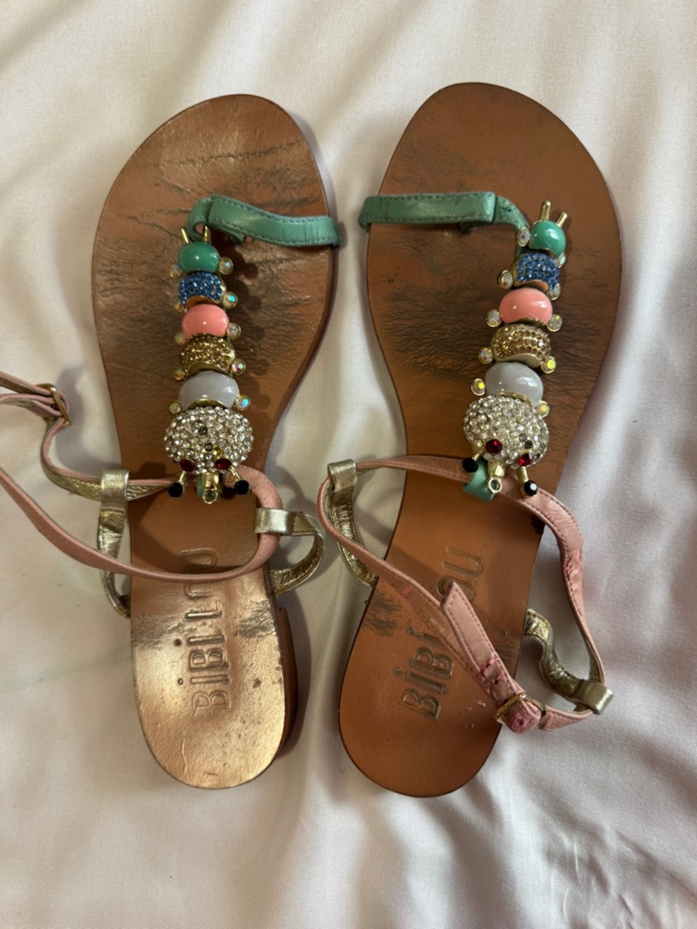 Bibilou Beaded Multicolor T-Strap Sandals - Pink, Green & Gold
